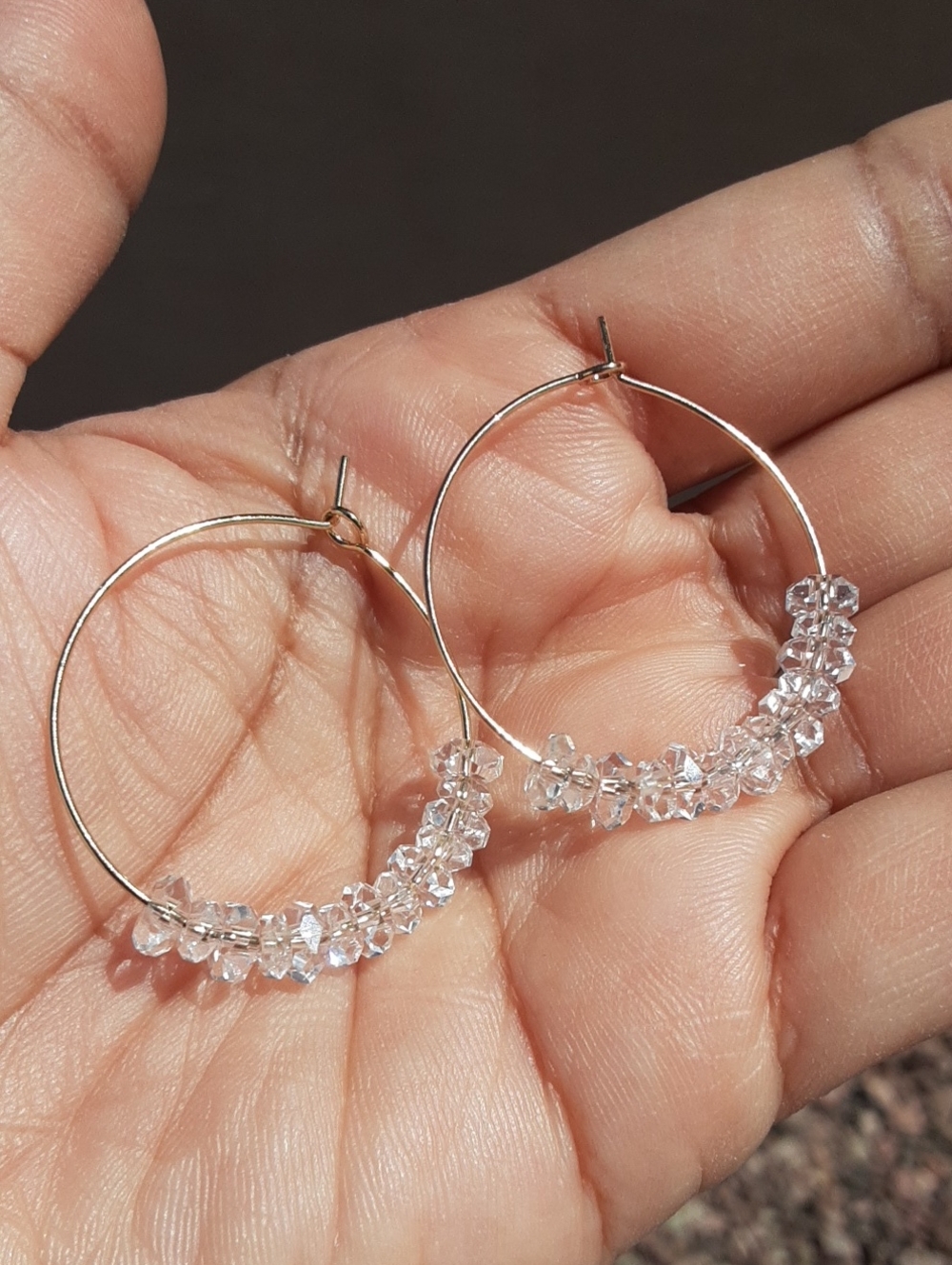 G. FLOATING HERKIMER DIAMOND QUARTZ Stainless Steel Hoop Earrings. - Picture 3 of 3
